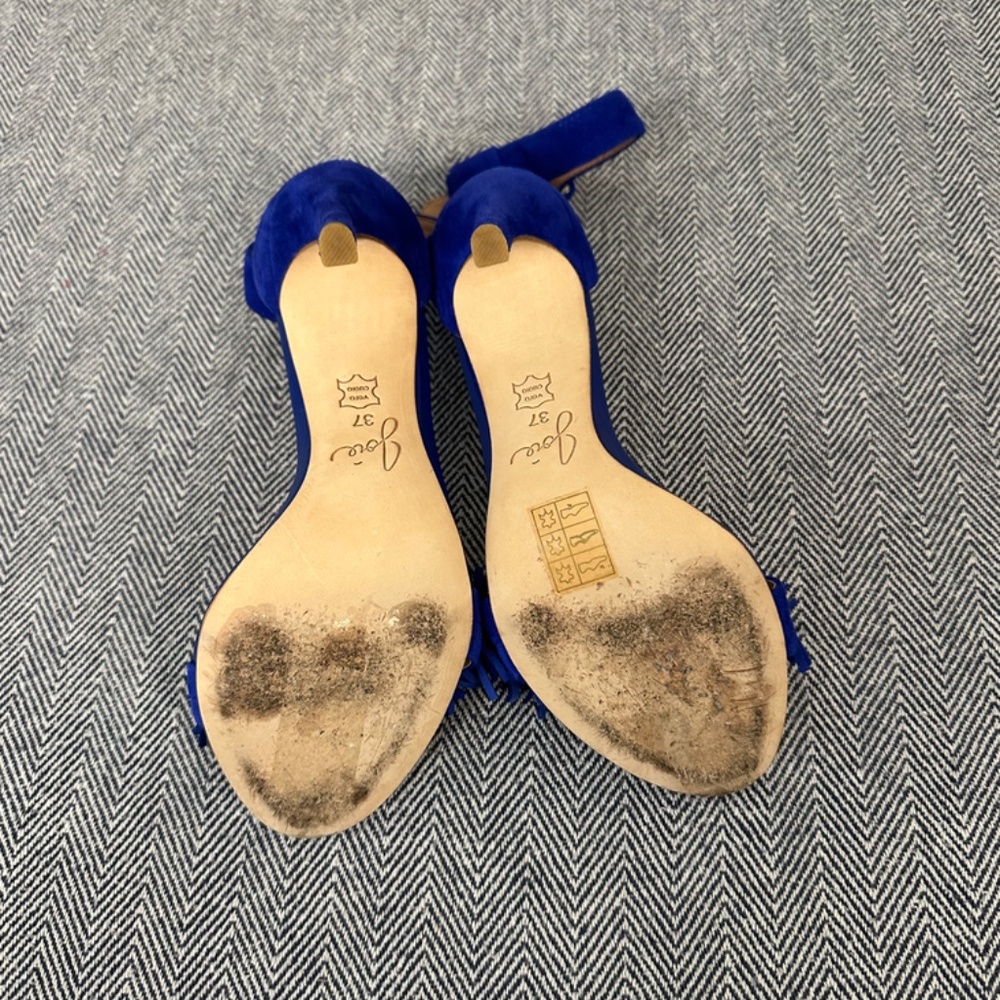JOIE - Suede Pippi Naked Suede Fringe Royal Blue Heeled Ankle Strap Sand… - Picture 6 of 7